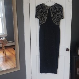Silk black & silver vintage beaded evening gown